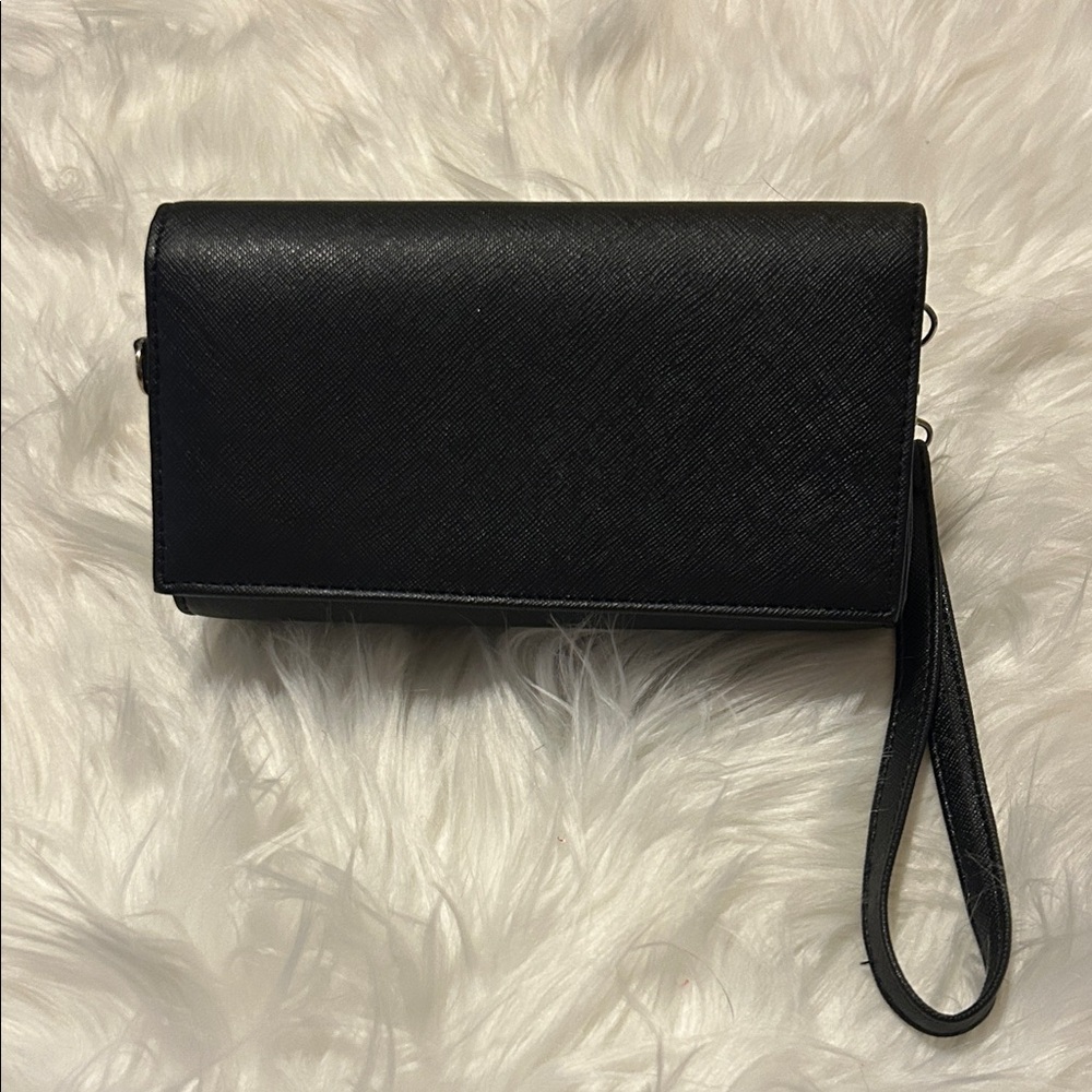 New Elegant Black Women's Clutch With Side Phone Case And Mirror Inside.